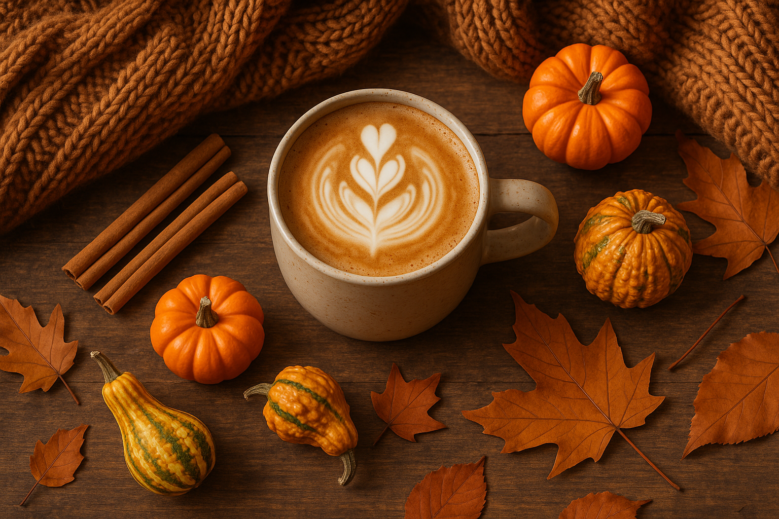 Cozy flat lay (mug of pumpkin spice tea/latte, cinnamon sticks, pumpkins).