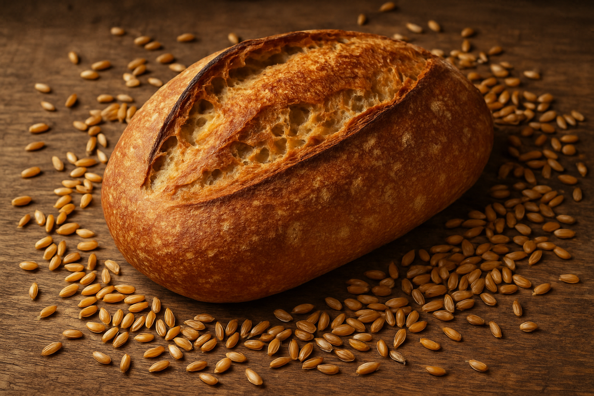 fresh bread with eikorn grains spread around it