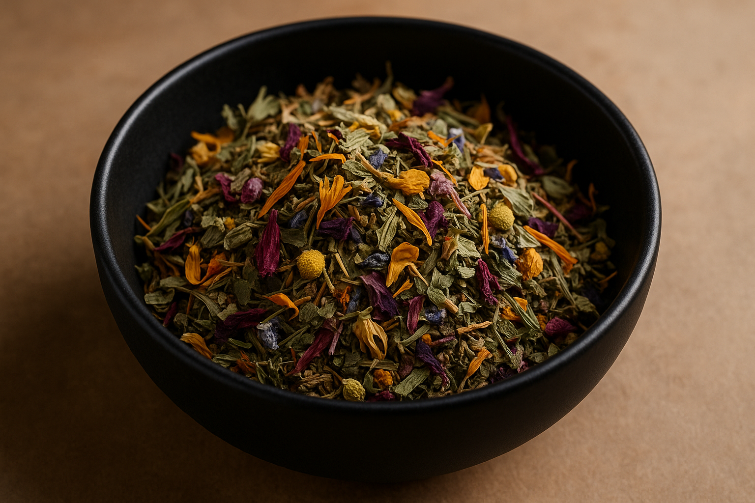 hebal tea in black bowl