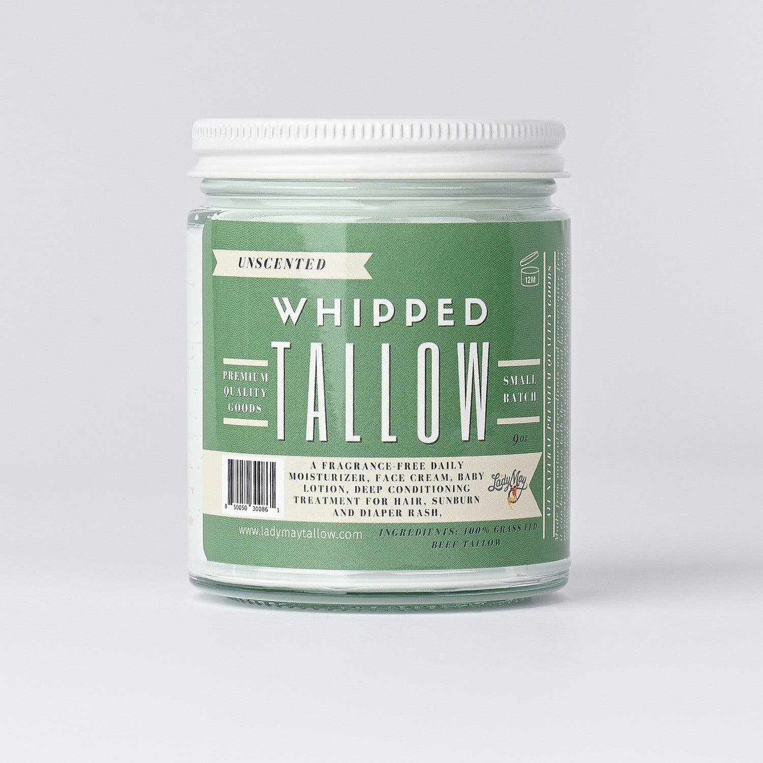 Unscented Whipped Tallow, 100% Grass Fed Beef Tallow Moisturizer: 9oz