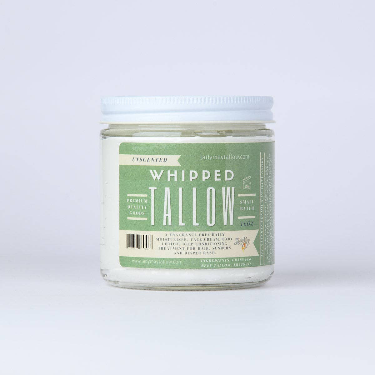 Unscented Whipped Tallow, 100% Grass Fed Beef Tallow Moisturizer: 9oz