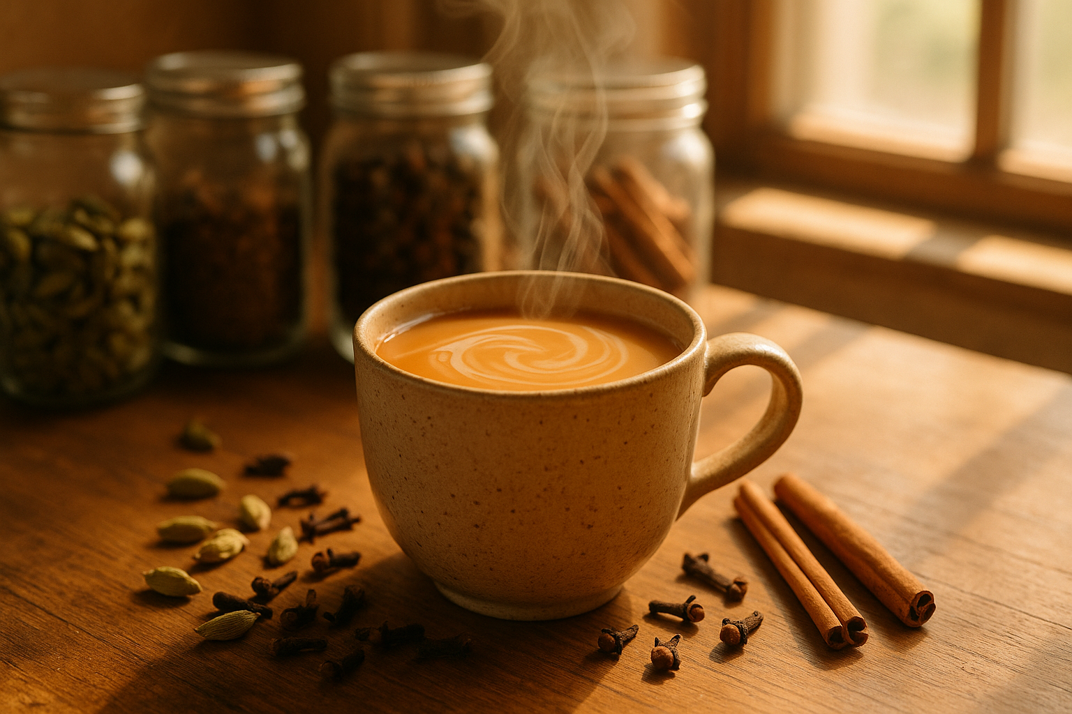Steaming amber chai in a ceramic cup with light milk swirl, the three jars behind, a few spices scattered (cardamom, clove, cinnamon), soft morning light, cozy café feel, 1:1