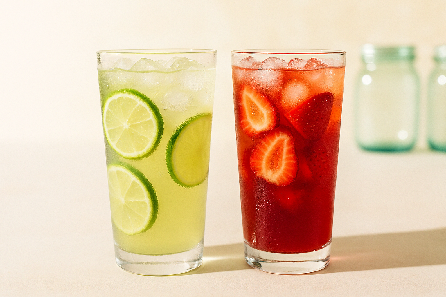 Two tall iced tea glasses with pale-green and ruby hues, light condensation, fruit slices in glass, jars in background, cheerful summer vibe on a neutral surface, 1:1